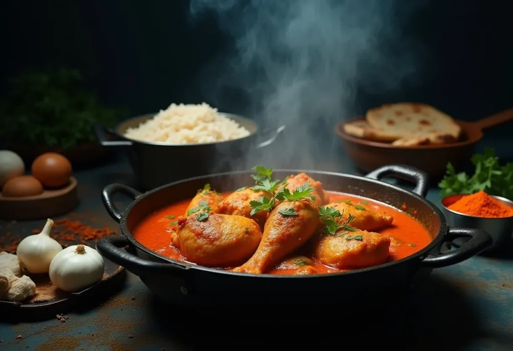 Homemade chicken curry simmering in a skillet with fresh spices, basmati rice, and naan bread on a kitchen counter.