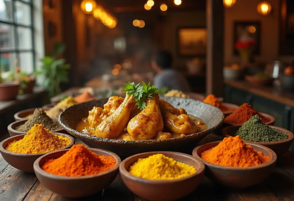 Collage of chicken curry history with a vintage British restaurant, bowls of colorful spices, and a traditional Indian cooking scene with clay pots and herbs.โ