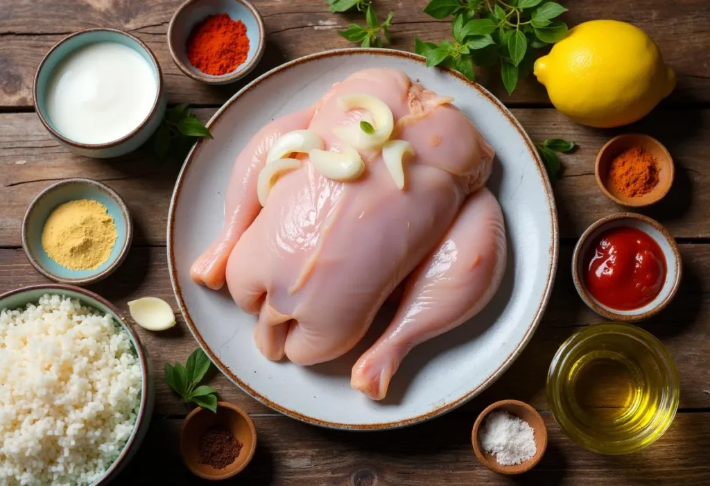 Fresh chicken curry ingredients on a wooden table including chicken fillet, onion, garlic, tomato paste, cream, curry powder, butter, olive oil, rice, and lemon.
