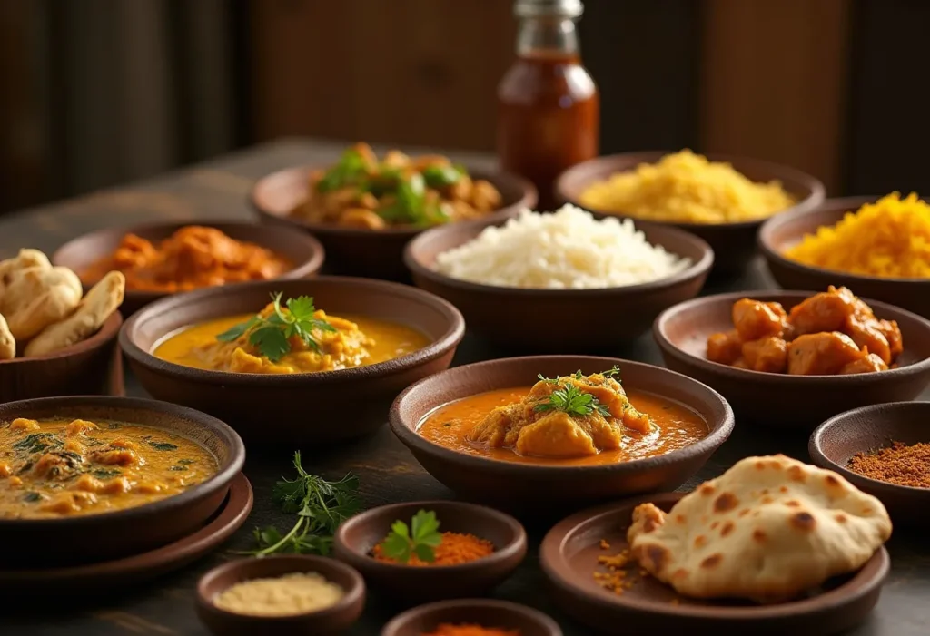 A table filled with global curry dishes, rice, naan, and spices, shared among people in a warm, inviting setting.