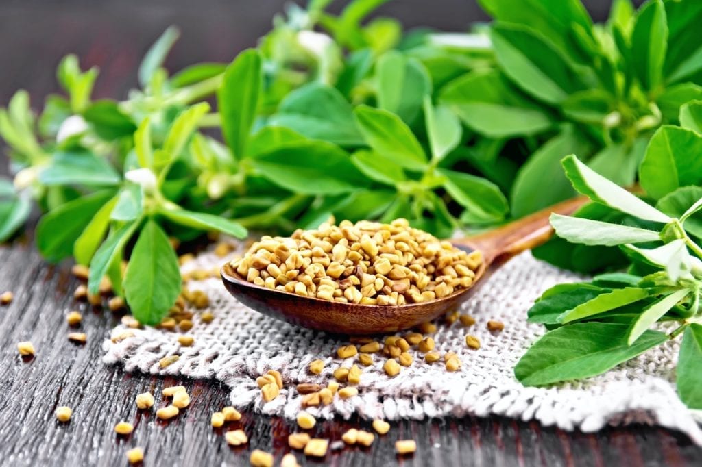 Fenugreek in spoon with leaves on board