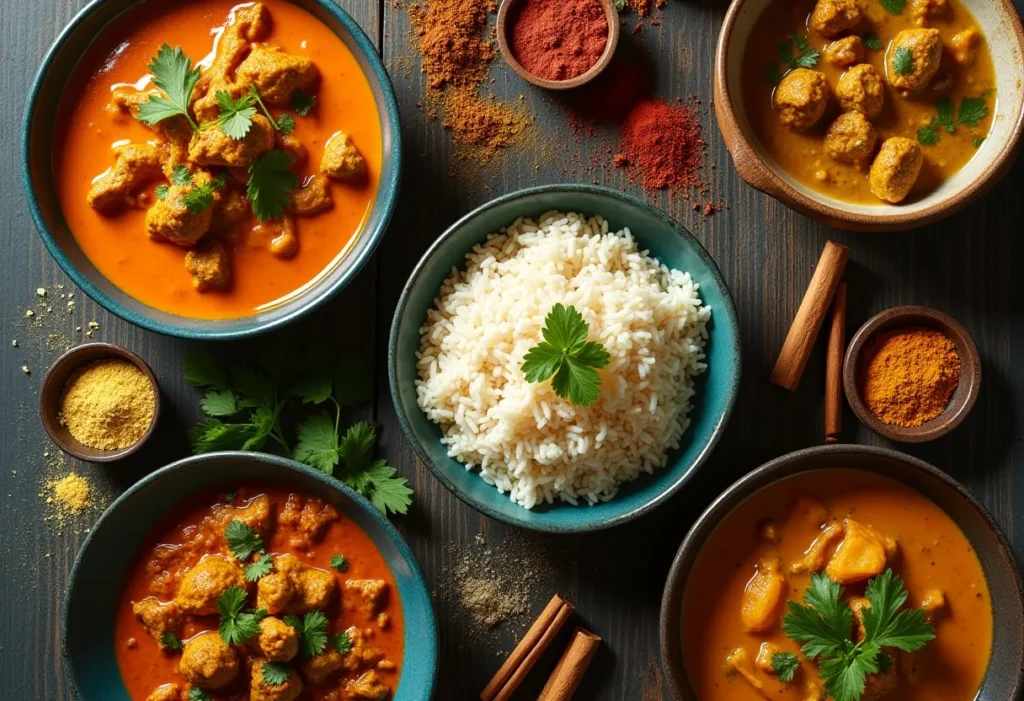 A variety of international curry dishes with colorful spices, herbs, and rice displayed on a rustic wooden table.