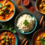 A variety of international curry dishes with colorful spices, herbs, and rice displayed on a rustic wooden table.