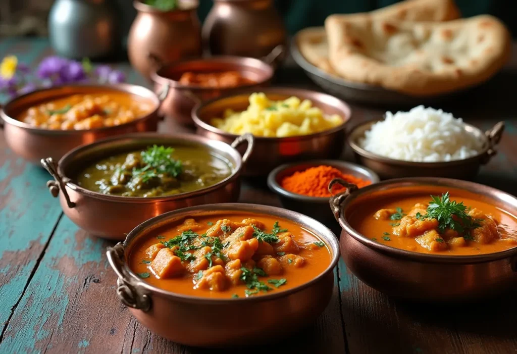 An assortment of Indian curries with naan, rice, and spices displayed in copper bowls on a rustic table.