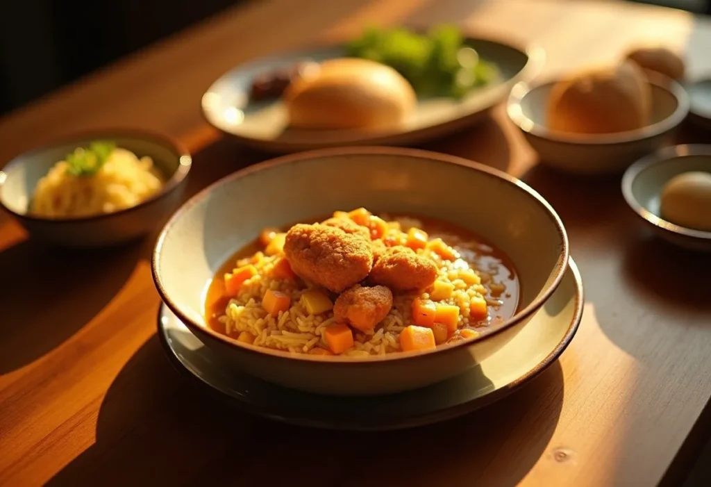 Japanese curries including curry rice, katsu curry, curry udon, and curry bread served with side dishes on a wooden table.