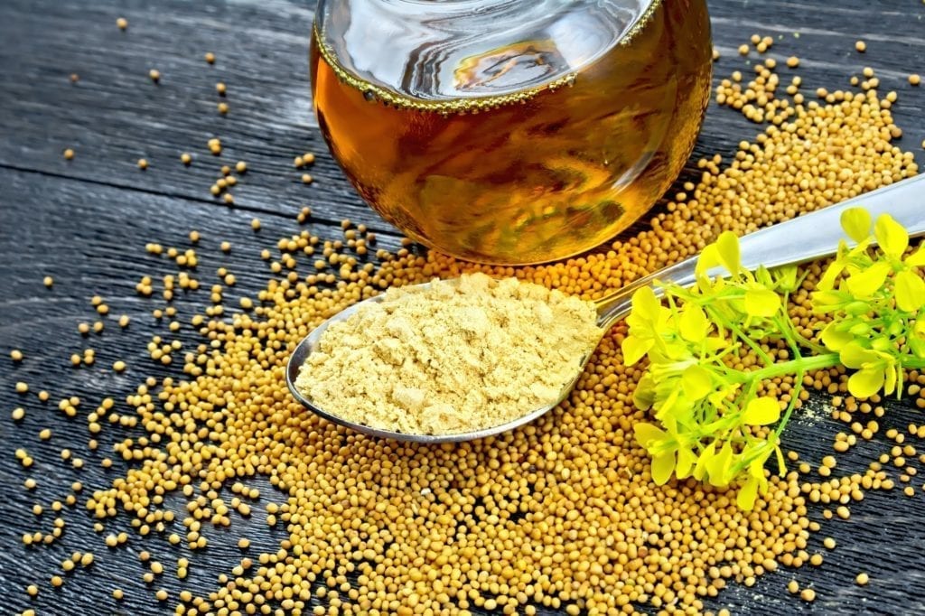 Mustard powder in spoon with oil and flower on black board