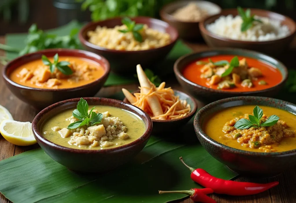 A selection of Thai curries in colorful bowls with herbs, chilies, and coconut milk on a rustic table.