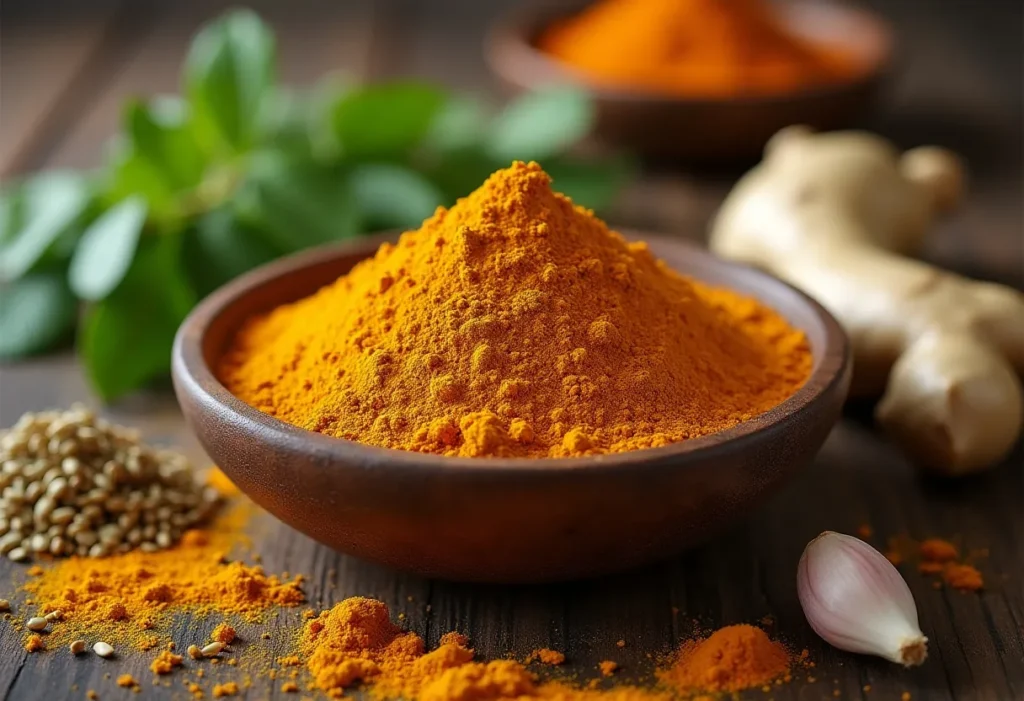 A bowl of curry powder with curry leaves and fresh spices like turmeric, cumin, and coriander on a rustic table.