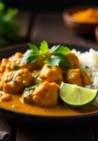 Plate of chicken curry with rice, garnished with lime and herbs, surrounded by small bowls of colorful spices on a rustic wooden table.