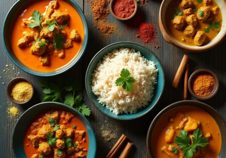 A variety of international curry dishes with colorful spices, herbs, and rice displayed on a rustic wooden table.