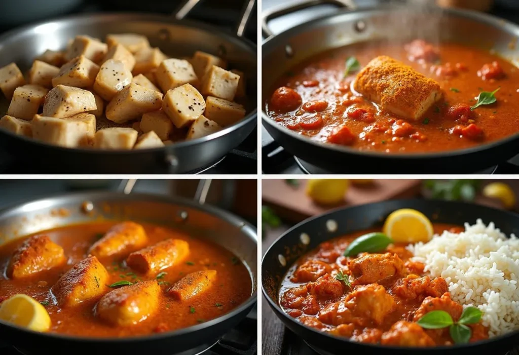 Collage of chicken curry preparation steps: cutting, frying, sautéing onions and garlic, adding spices and cream, simmering chicken, and serving with rice.