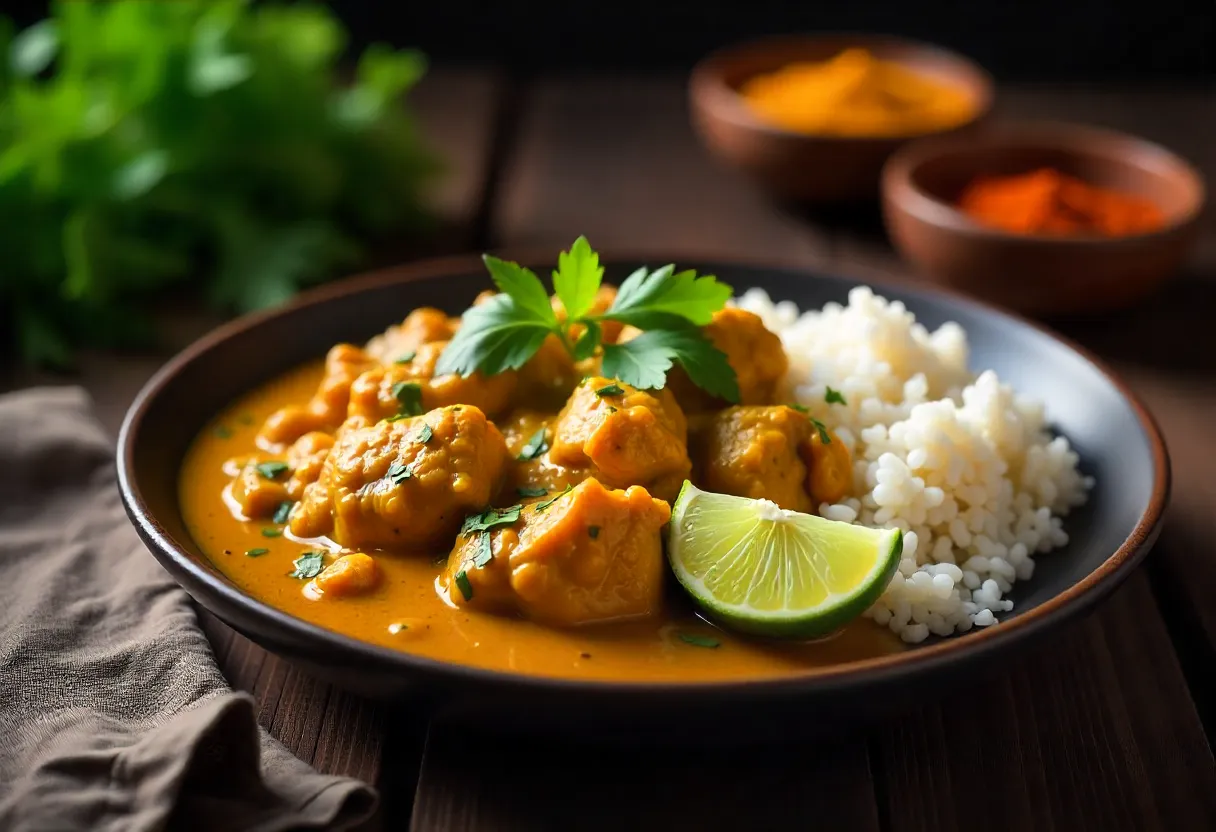 Plate of chicken curry with rice, garnished with lime and herbs, surrounded by small bowls of colorful spices on a rustic wooden table.